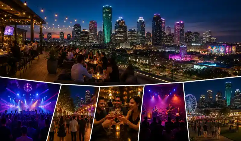 Visitors enjoying Houston nightlife with rooftop bars, live music, entertainment districts, cocktail lounges, and skyline views.